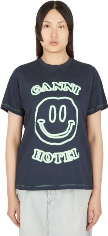 Ganni Smiley Hotel Print T-Shirt Blauw Dames