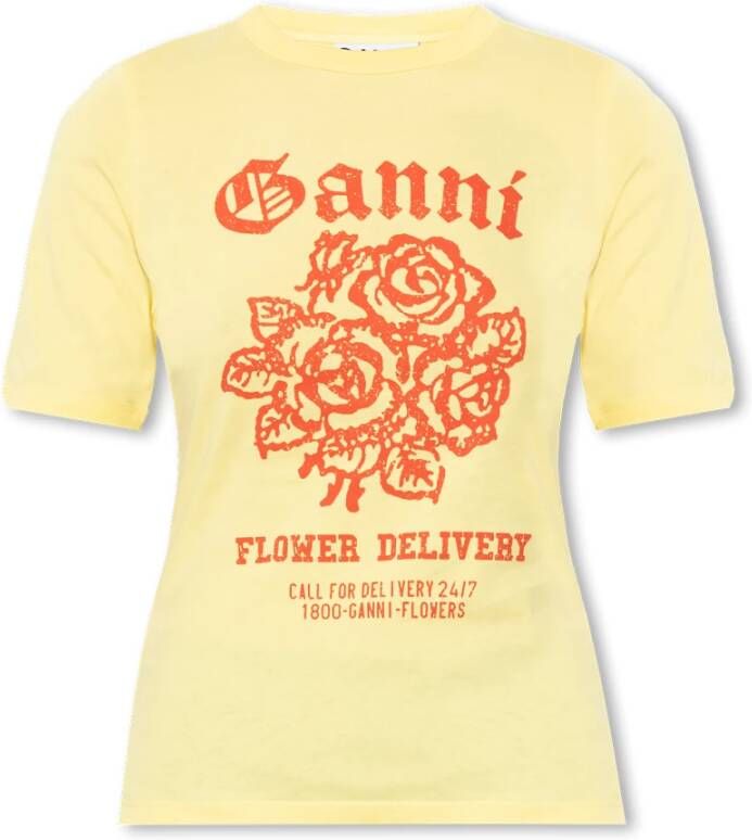 Ganni T-shirt met logo Yellow Dames