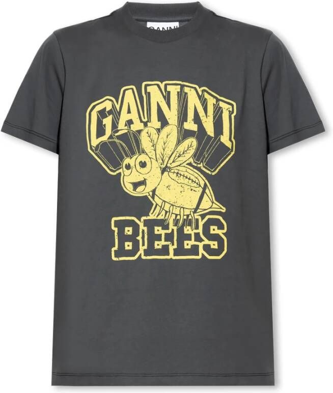Ganni Donkergrijze Basic Jersey Yellow Bee Relaxed T-Shirt Gray Dames