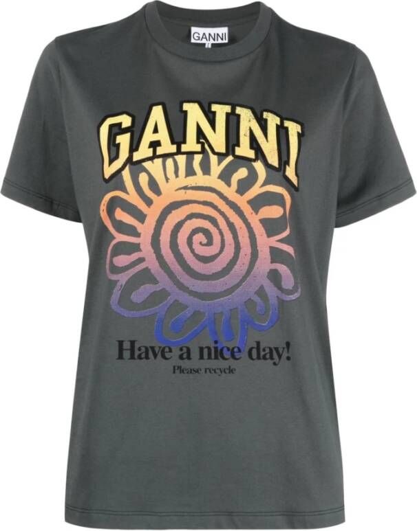 Ganni Relaxed Flower T-shirt Wit Biologisch Katoen Gray Dames