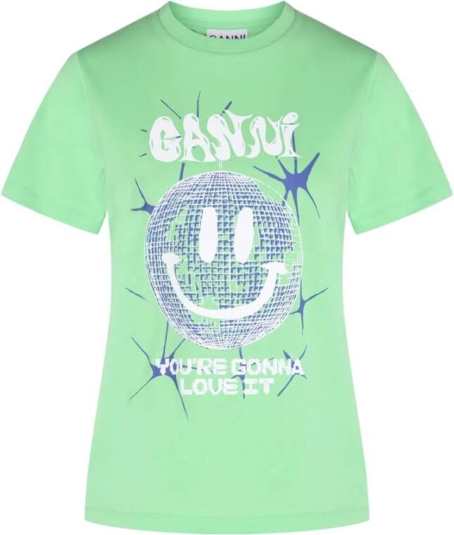 Ganni Grafische Print Katoenen T-Shirt Green Dames