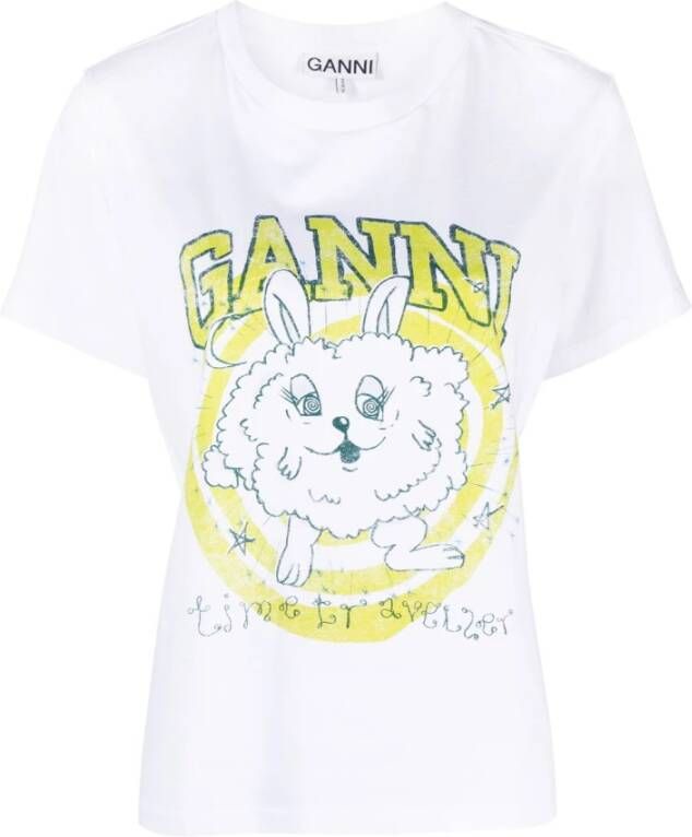 Ganni Logo Print Wit T-shirt White Dames