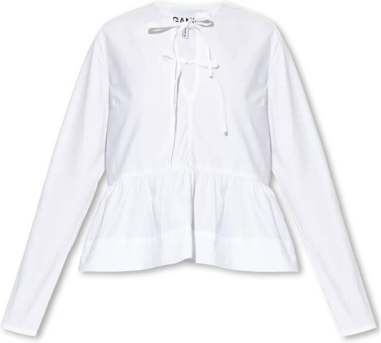 Ganni Katoenen Poplin Strik Peplum Blouse White Dames
