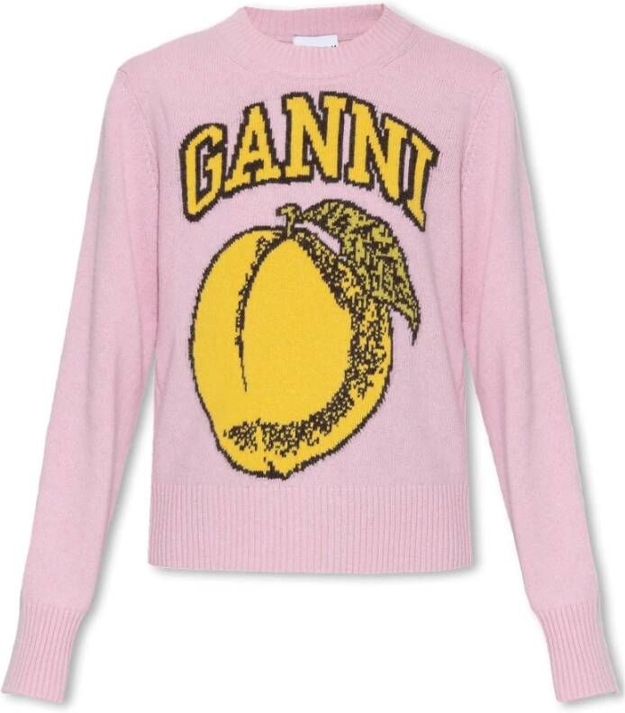 Ganni Intarsia-gebreide trui met ronde hals in lichtroze Pink Dames