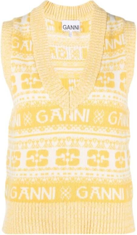 Ganni Logo Sweater Vest Wolmix V-Hals Geribbelde Boorden Yellow Dames