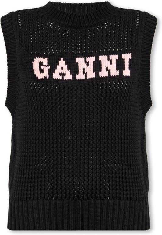 Ganni Zwart en Roze Gebreid Vest met Geborduurd Logo Black Dames