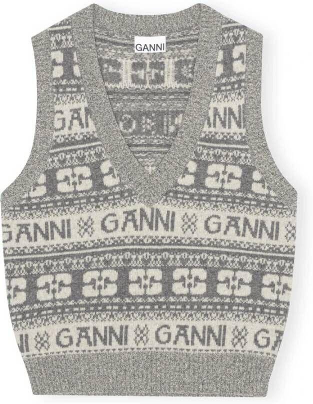 Ganni Grijze Logo Gebreide Vest met Monogram Motief Grijs Dames