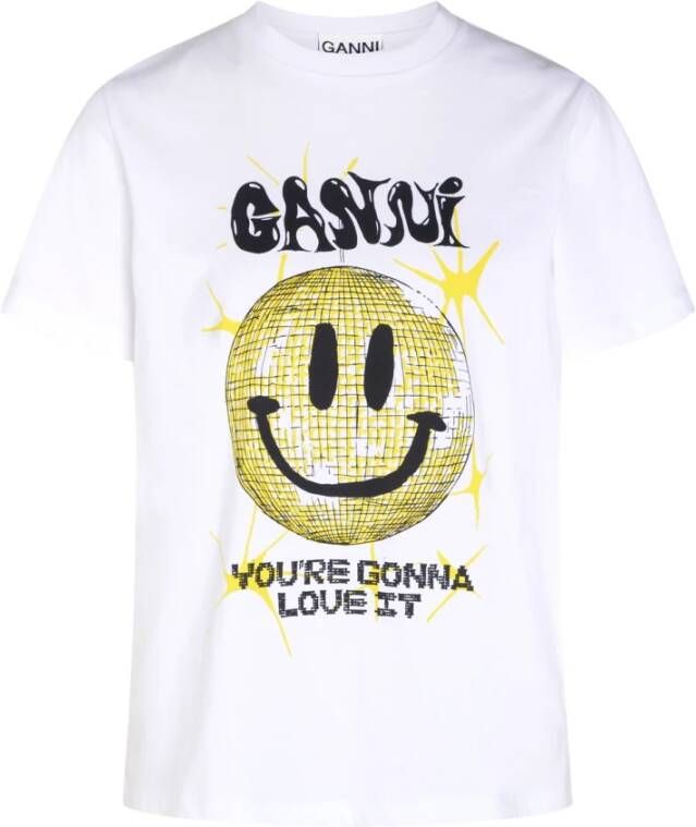Ganni White Yellow Smiley T-Shirt Wit Dames