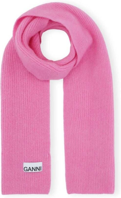 Ganni Wollen Gebreide Sjaal met Logo Patch Pink Dames
