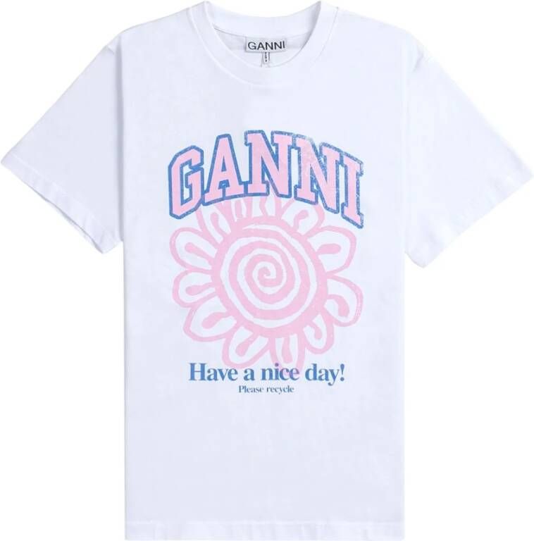 Ganni Relaxed Flower T-shirt Wit Biologisch Katoen White Dames