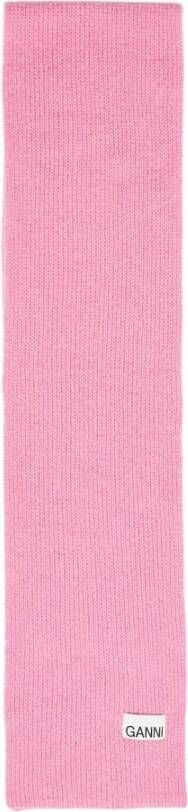 Ganni Wollen Gebreide Sjaal met Logo Patch Roze Dames