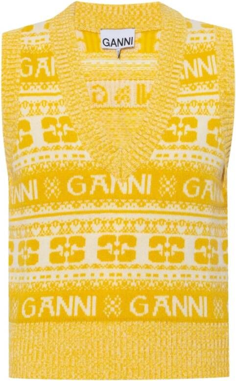 Ganni Logo Sweater Vest Wolmix V-Hals Geribbelde Boorden Yellow Dames