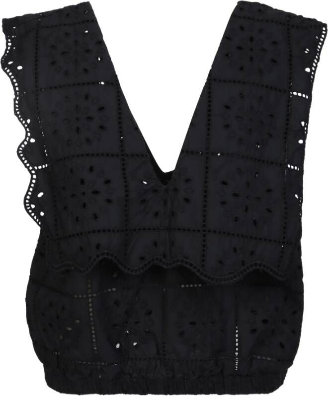 Ganni Zwart Broderie Anglaise Biologisch Katoenen Top Zwart Dames