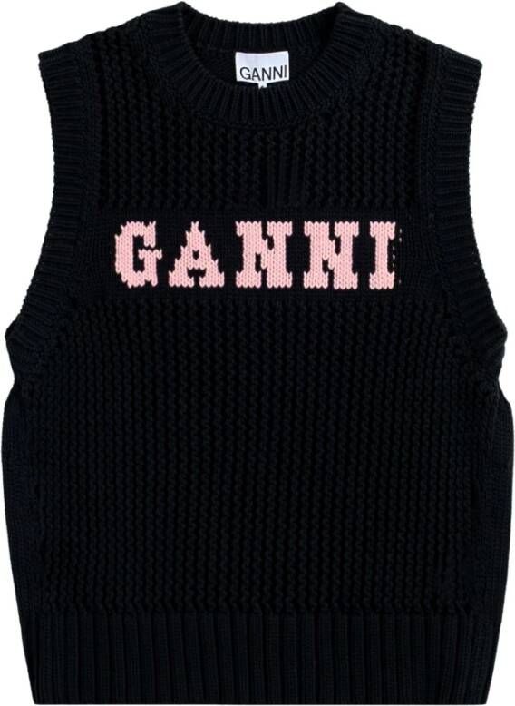 Ganni Zwart en Roze Gebreid Vest met Geborduurd Logo Black Dames