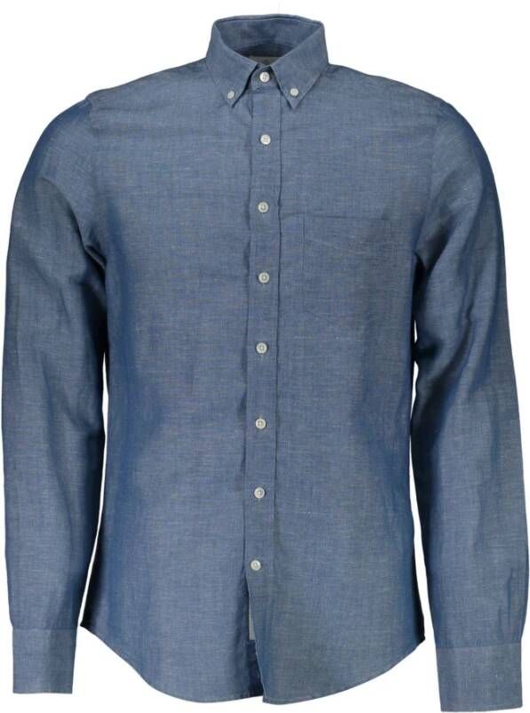 Gant Blauw Katoenen Overhemd Lange Mouwen Italiaanse Kraag Enkele Zak Blue Heren