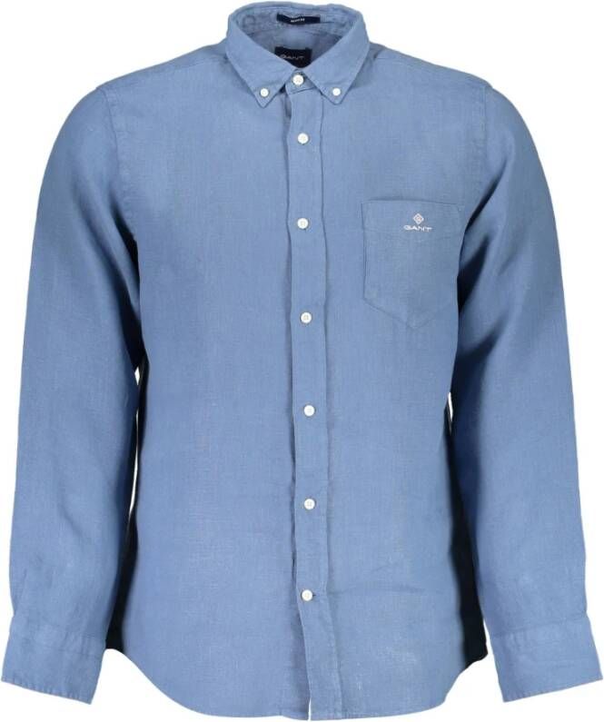Gant Blauw Linnen Overhemd Regular Fit Korte Mouwen Blauw Heren