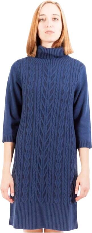 Gant Blauwe Wollen Jurk Korte Mouwen Hoge Hals Kruissteek Blauw Dames
