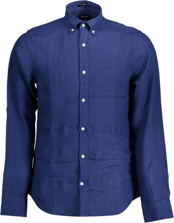 Gant Blauwe Linnen Slim Fit Overhemd met Borduursel Blue