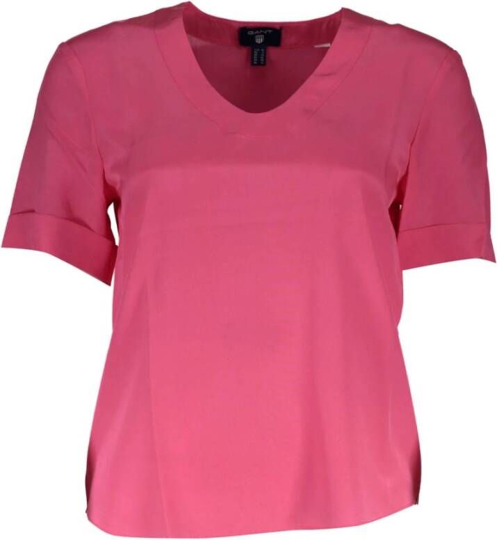Gant Zijden Tops & T-Shirt Korte Mouw V-Hals Logo Pink Dames