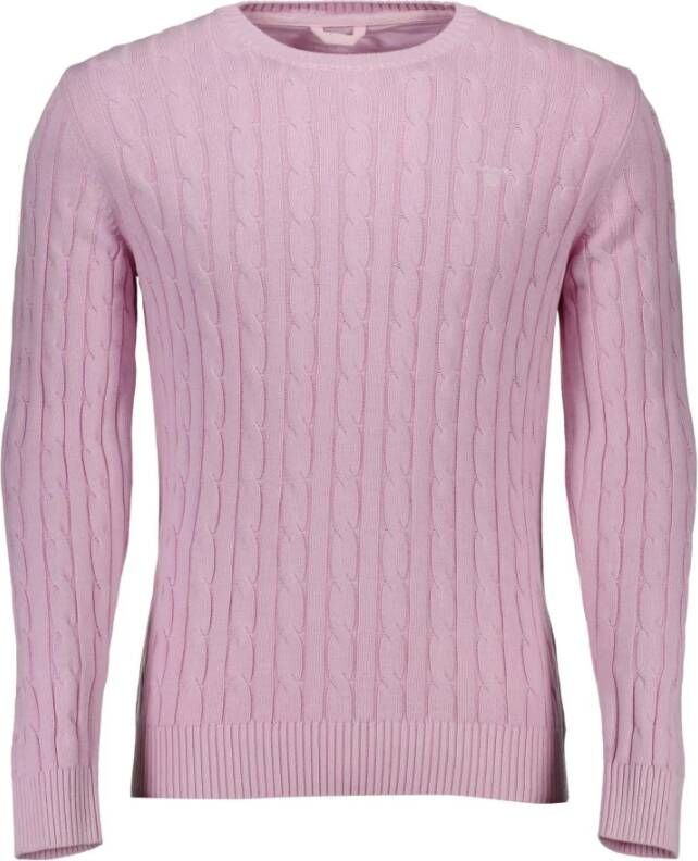 Gant Roze Katoenen Trui Lange Mouwen Ronde Hals Gevlochten Steek Pink Heren