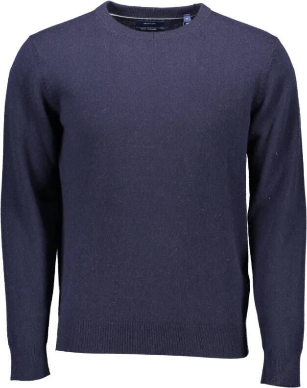 Gant Blauwe Wollen Trui Lange Mouwen Ronde Hals Logo Blauw Heren