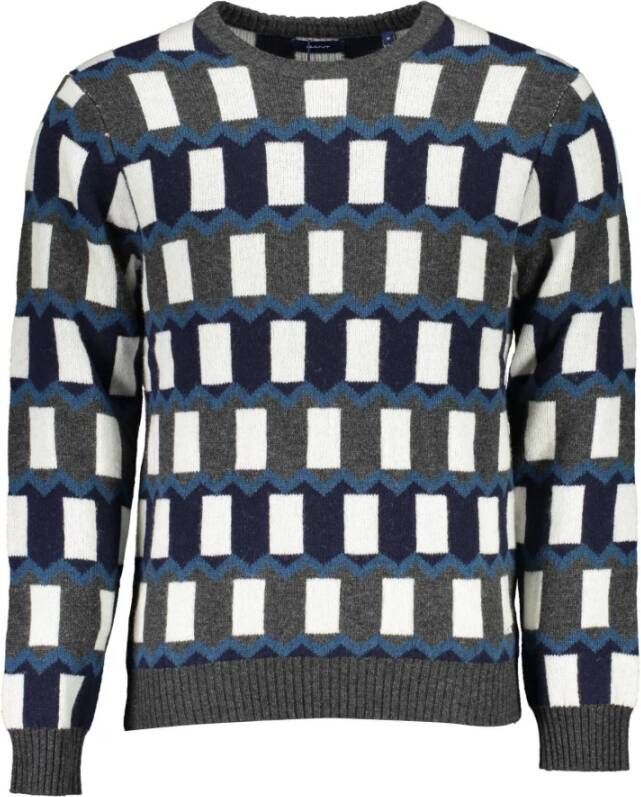 Gant Blauwe Wollen Trui Lange Mouwen Ronde Hals Logo Blue Heren