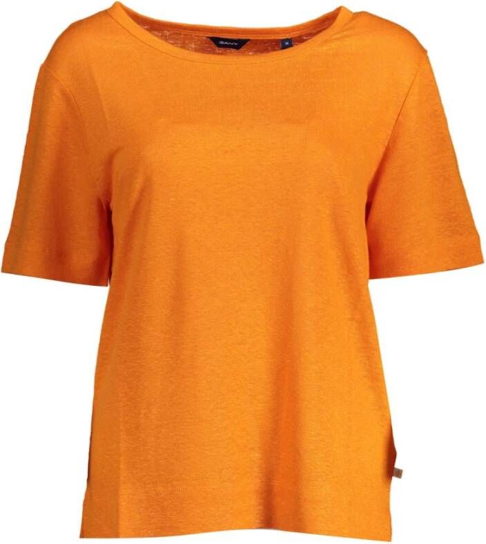 Gant Oranje Linnen Tops T-Shirt Korte Mouwen Wijde Halslijn Logo Orange Dames