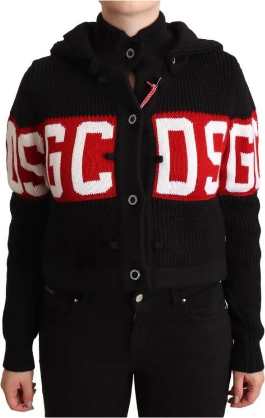 Gcds Black Cashmere Hooded Button Down Logo Cardigan Jacket Black Dames