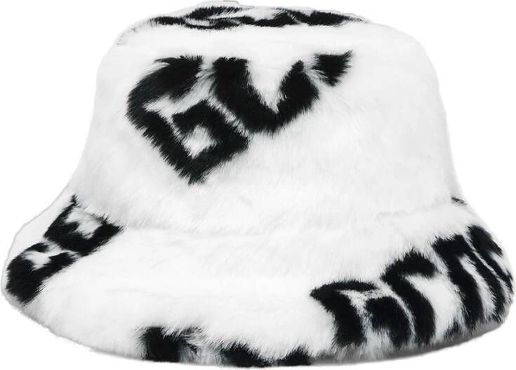 Gcds Faux Fur Bucket Hat met All-Over Logo White Dames