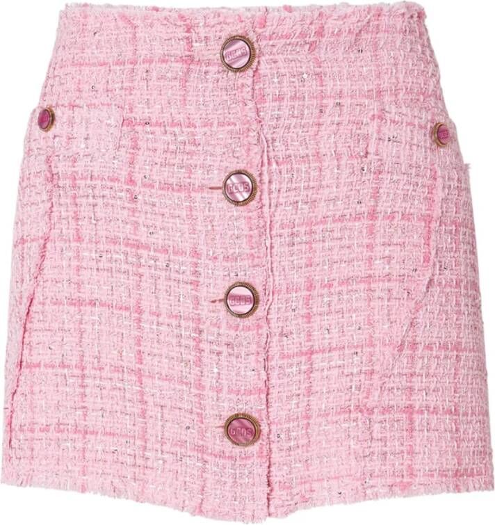 Gcds Tweed Katoenen Minirok met Parelknopen Pink Dames