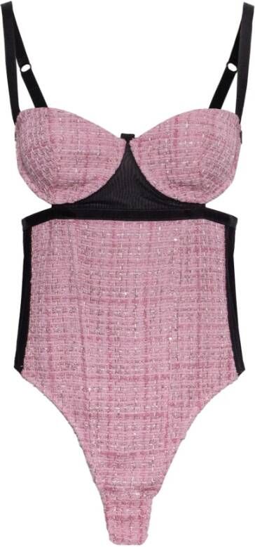 Gcds Paillet Tweed Bodysuit Lichtroze Zwart Balkonette Stijl Roze Dames