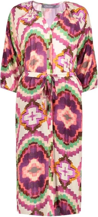 Geisha blousejurk met grafische print en ceintuur paars groen beige