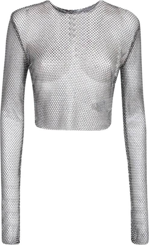 Genny Zwart Rhinestone Crop Top met Lange Mouwen Zwart Dames
