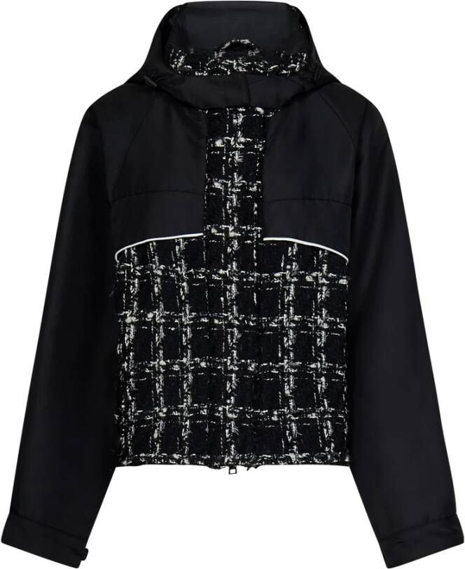 Giambattista Valli Zwarte nylon en tweed jas met capuchon en teddy voering Black Dames