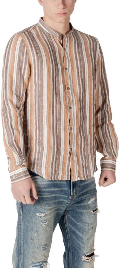 Gianni Lupo Bruin Gestreept Linnen Mandarin Kraag Overhemd Multicolor Heren