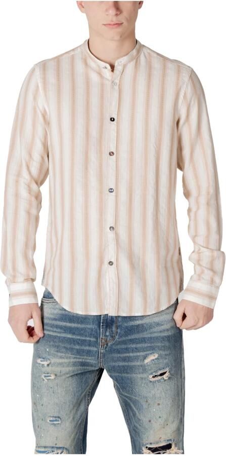 Gianni Lupo Gestreepte Mandarin Kraag Katoenen Overhemd Beige Heren - Foto 3