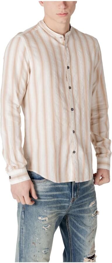 Gianni Lupo Gestreepte Mandarin Kraag Katoenen Overhemd Beige Heren