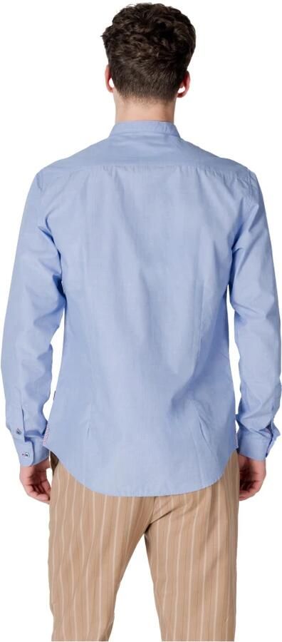 Gianni Lupo Mandarijn Kraag Lange Mouw Shirt Blue Heren