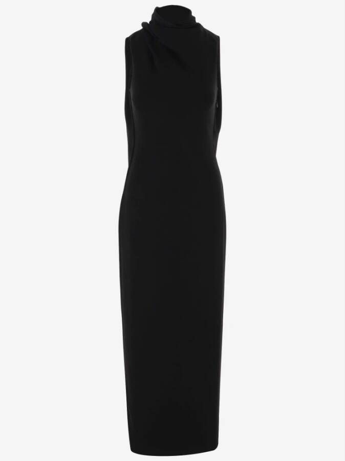 Giorgio Armani Zwarte Stretch Viscose Jurk met Hoge Gedrapeerde Halslijn Black Dames