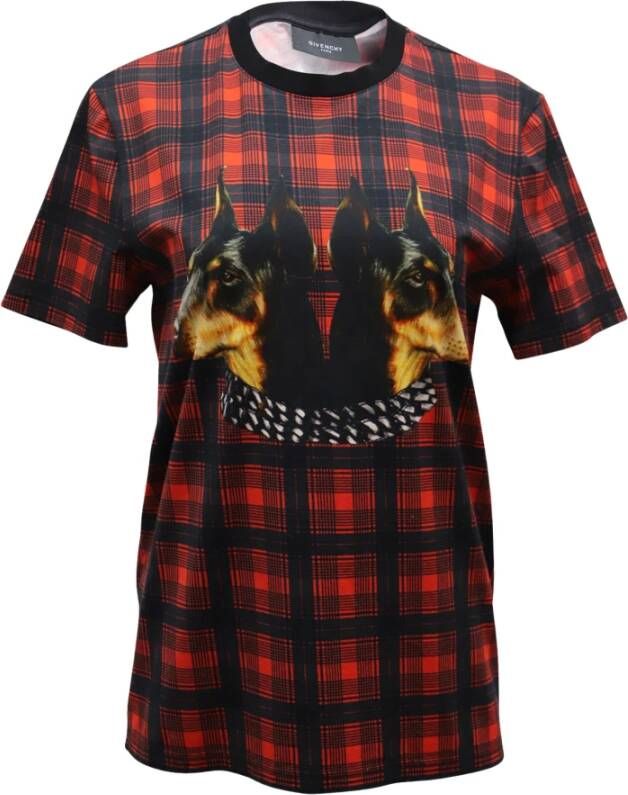 Givenchy Pre-owned Givenchy Plaid Tartan Double-Head Dobermann Print T-shirt in Multicolor Cotton Rood Dames