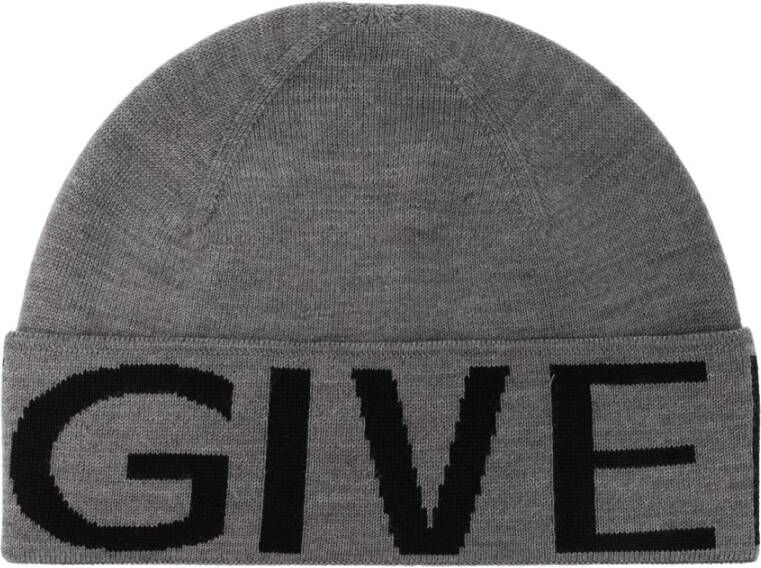 Givenchy Grijze wollen hoed met zwart logo Gray Heren