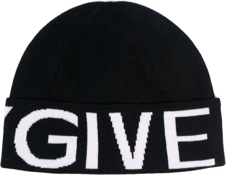 Givenchy Zwart Wit Wol Logo Beanie Zwart Heren