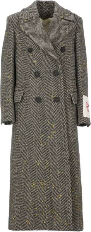 Golden Goose Grijze Chevron Patroon Dubbelrijige Wollen Jas Grijs Dames