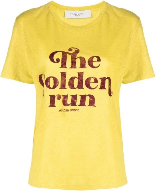 Golden Goose Mosterdgele Linnen T-shirt met Slogan Print Yellow Dames
