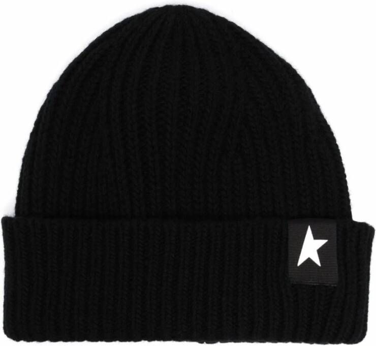 Golden Goose Zwarte wollen ribgebreide hoed met One Star-logo Zwart