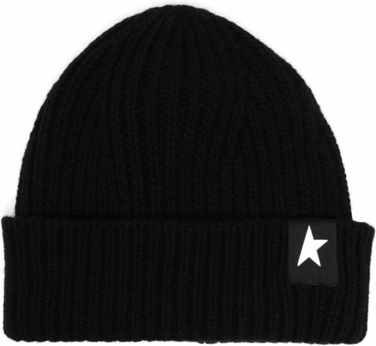 Golden Goose Zwarte wollen ribgebreide hoed met One Star-logo Zwart Dames
