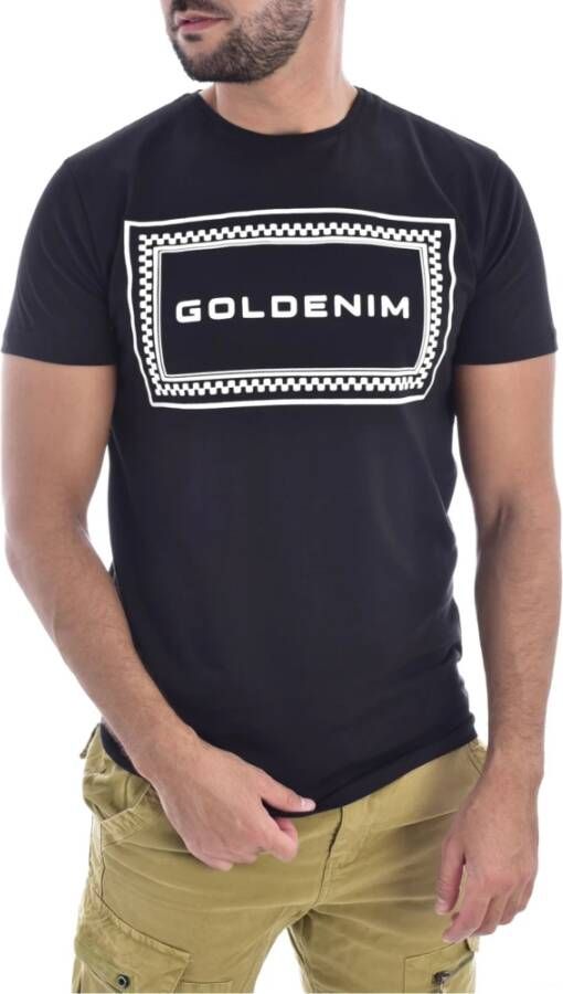 Goldenim paris Bedrukt T-shirt Zwarte Tinten Rechte Pasvorm Korte Mouwen Blauw Heren
