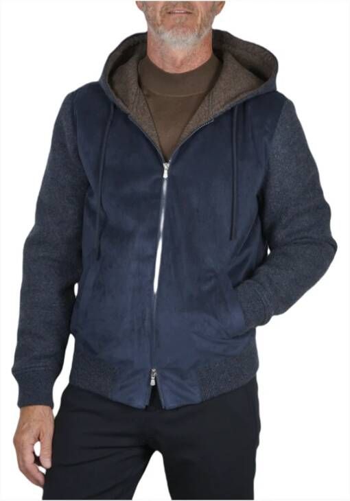 Gran Sasso Wollen en Eco-Suede Gilet met Capuchon Blauw Blue Heren