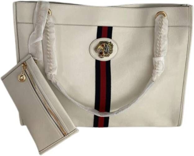 Gucci Vintage Authentieke Gucci Rajah Web Gestreepte Tote Tas White Dames