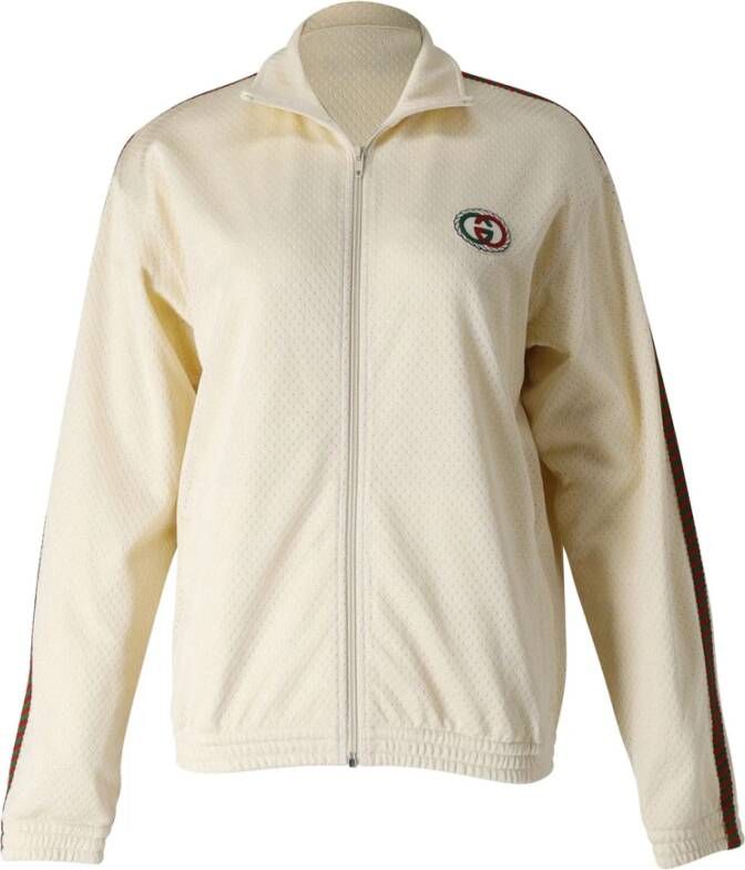 Gucci Vintage Gucci Airtex Web Braided Trim Logo Track Jacket in Ivory Cotton Wit Dames